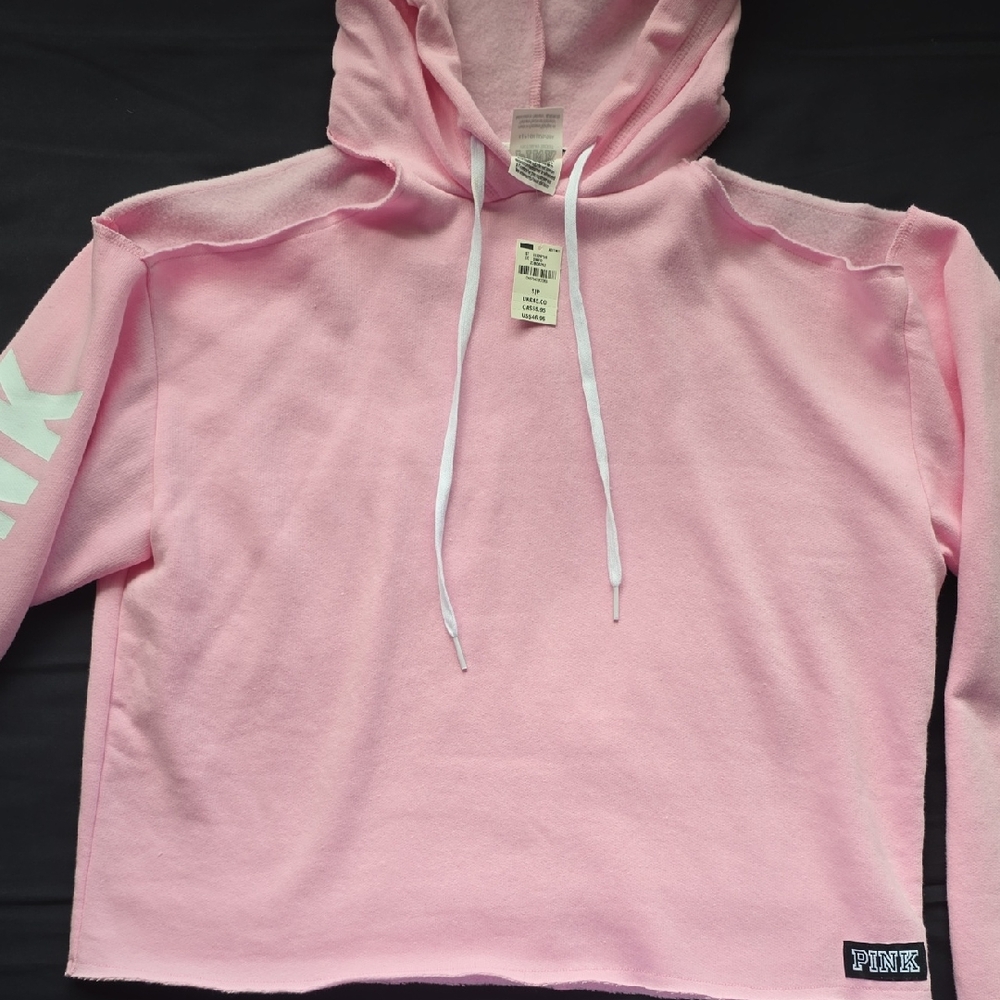 Victoria's Secret Pink Hoodie with White PINK logo and cold shoulder cutouts.NWT